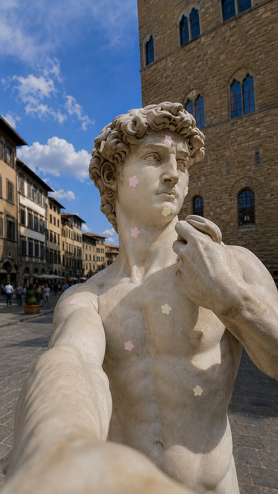 Michelangelo's David wearing flower skincare ideation patch