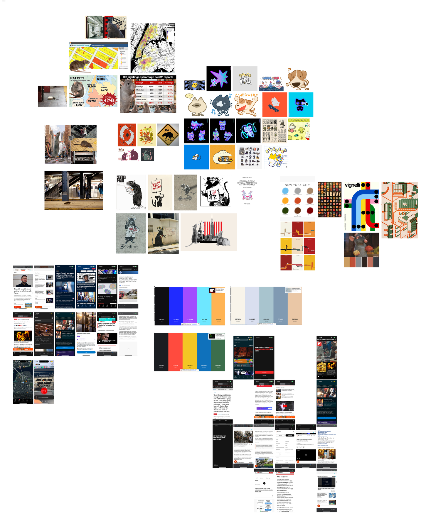 Squeak moodboard — NYC rat culture, visual references, color palettes, competitive apps