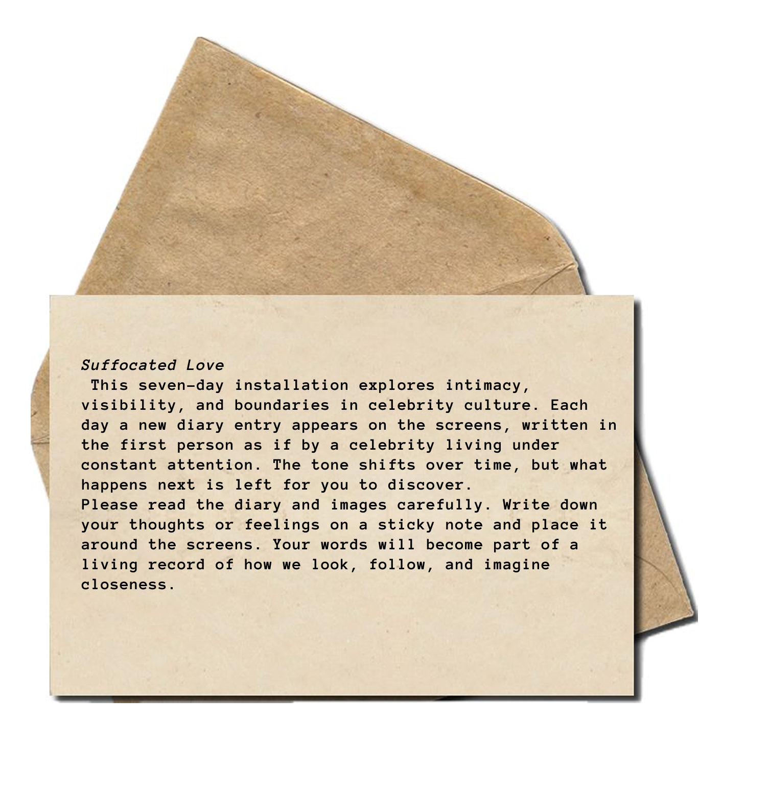 Installation invitation card: Suffocated Love — exploring intimacy, visibility, and boundaries in celebrity culture