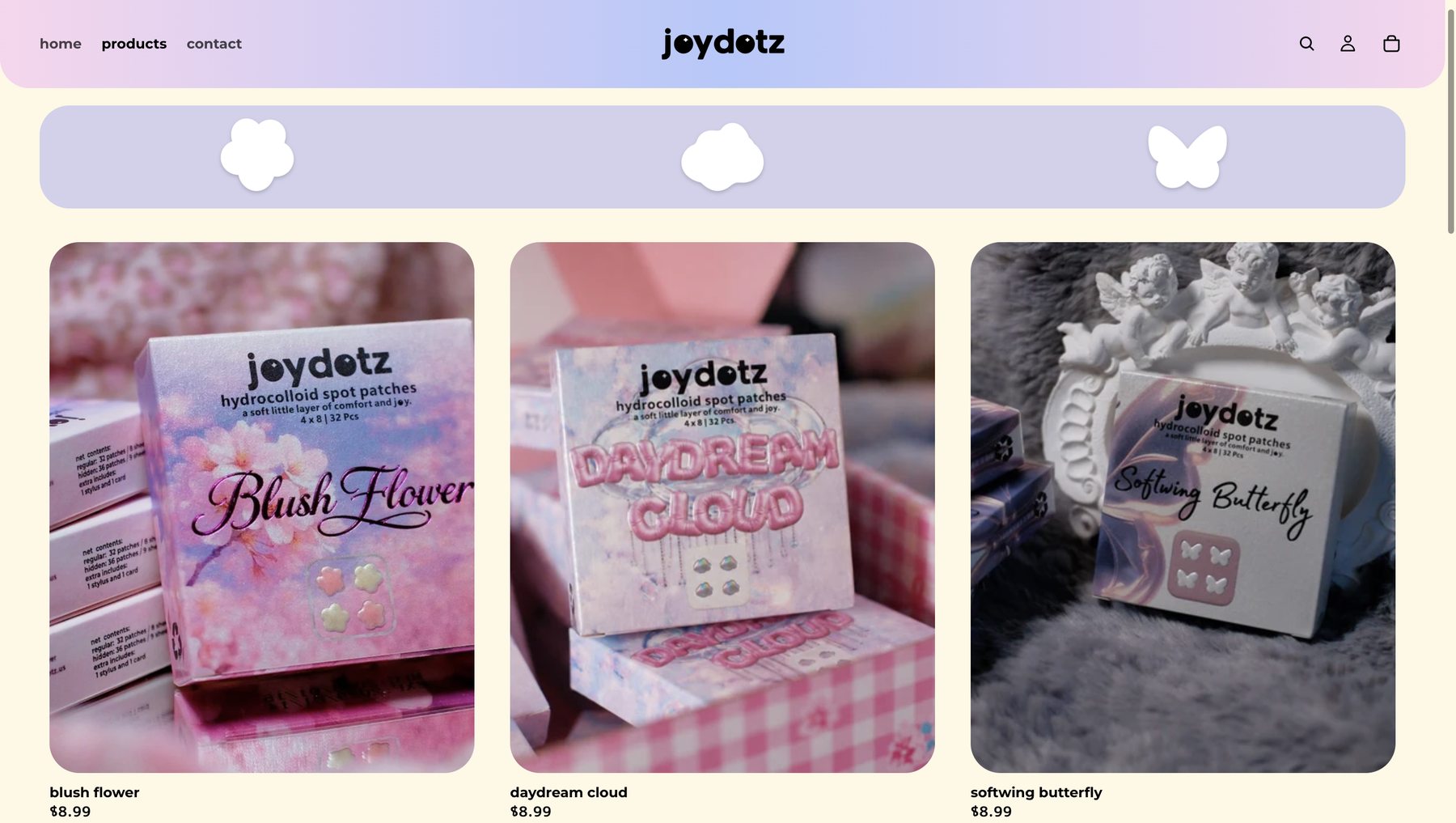 Product listing after — flower, cloud, butterfly shape filter with glow hover