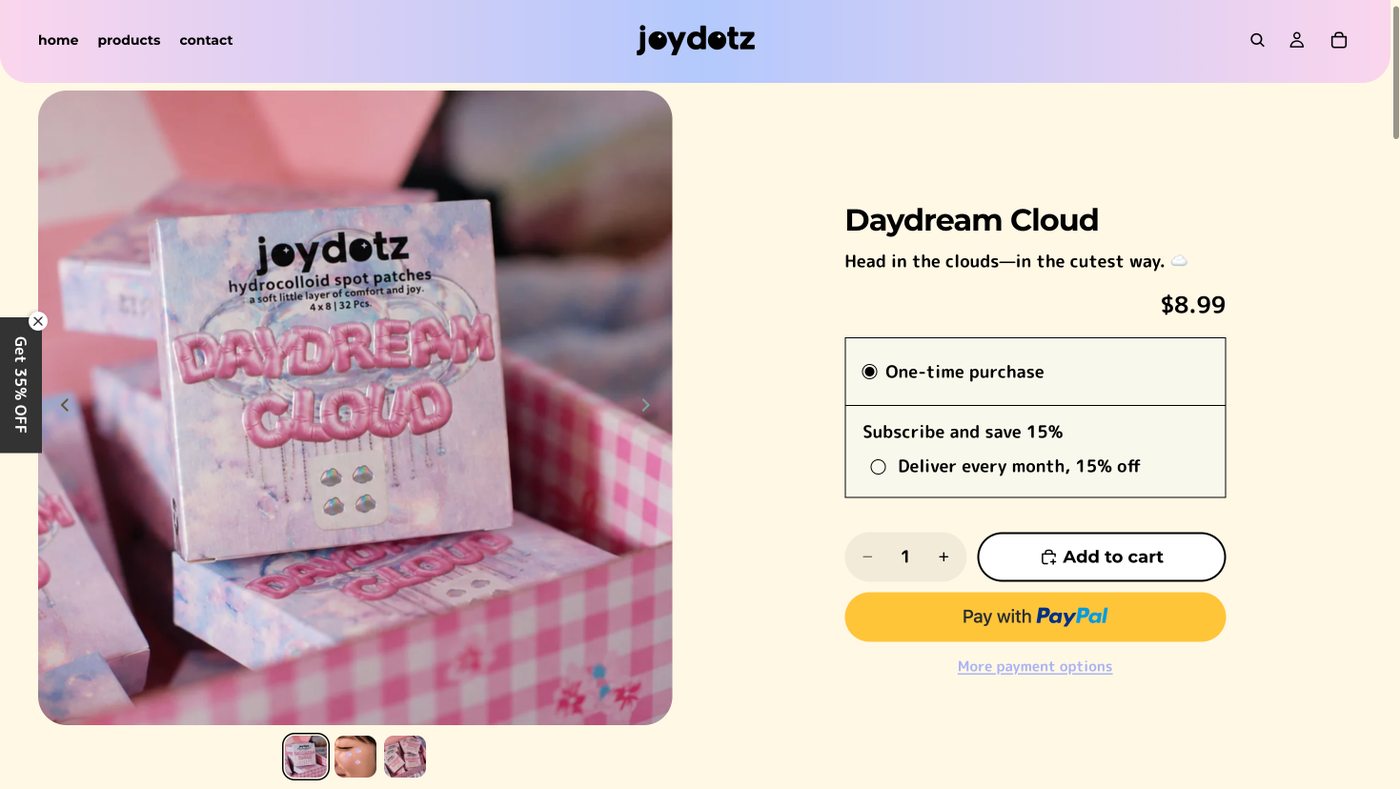 Product page after — full packaging photography, subscription option, PayPal